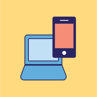 Icon representing a blue laptop computer with a green screen, against a light yellow background.