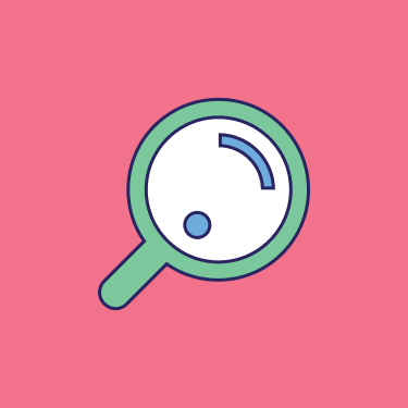 Icon representing a green magnifying glass, against a pink background.