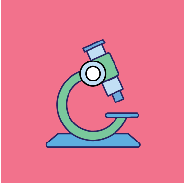 Icon representing a green and blue microscope, against a pink background.