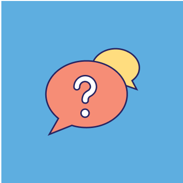Icon representing an orange speech bubble with a question mark inside, against a light blue background.