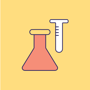 Icon representing an orange flask with a white test tube, against a light yellow background.